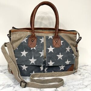 Mona B up-cycled tan canvas leather tote shoulder bag with a blue star design